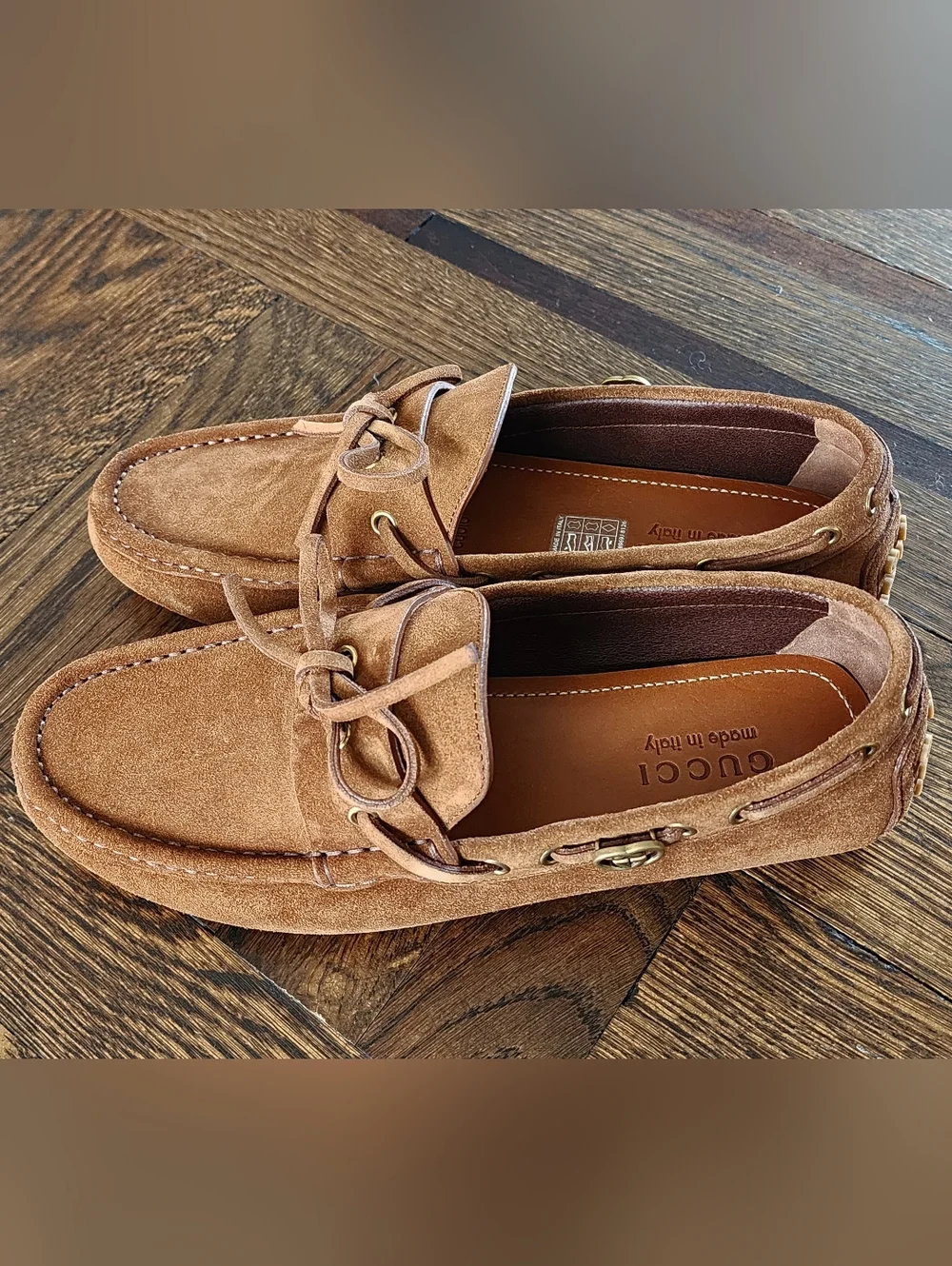 $950 Brand New Gucci GG Men's Brown Suede Driver Loafers G7.5 US 8